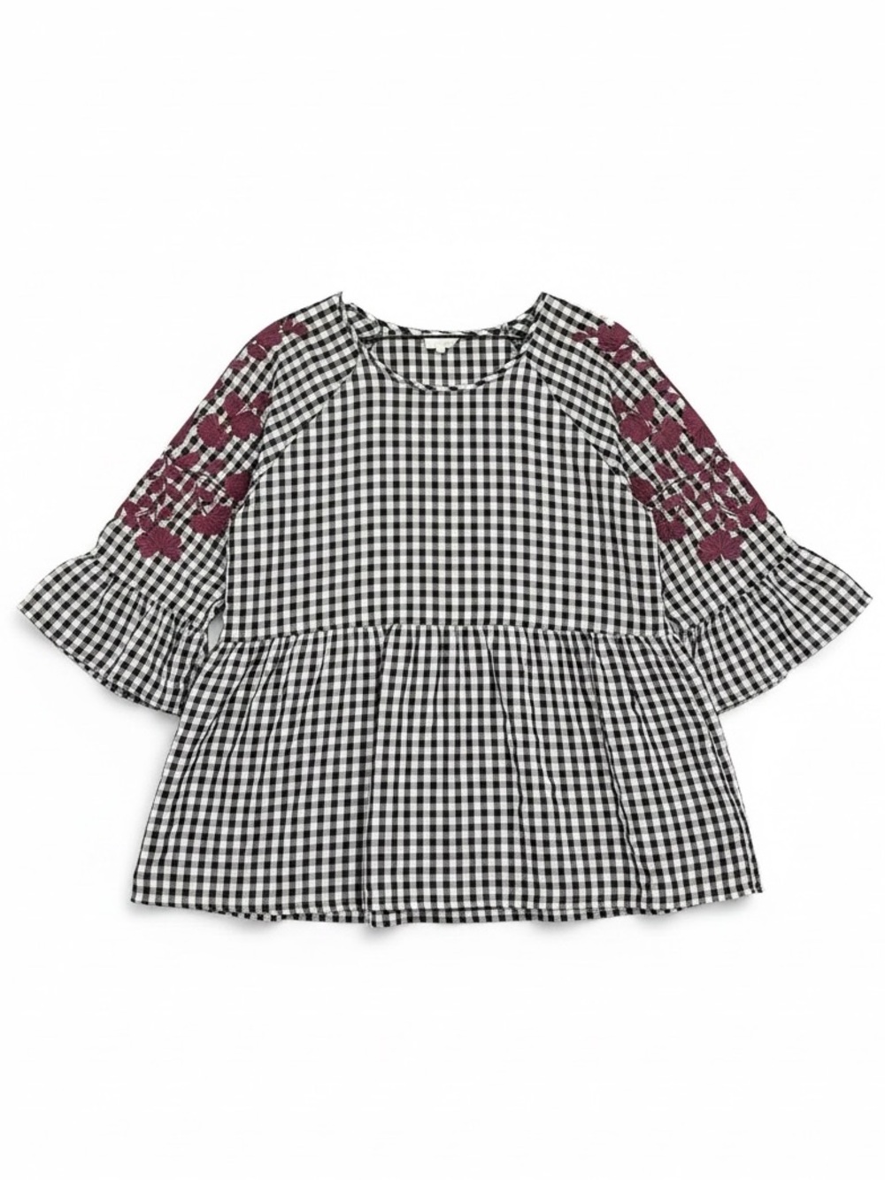 Layerz Embroidered Top Pink Black Gingham Peasant Ruffled Size XL